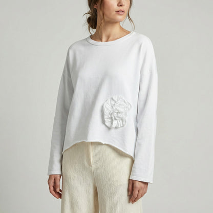 Pull Large Col Rond Décoration Florale 70% Coton