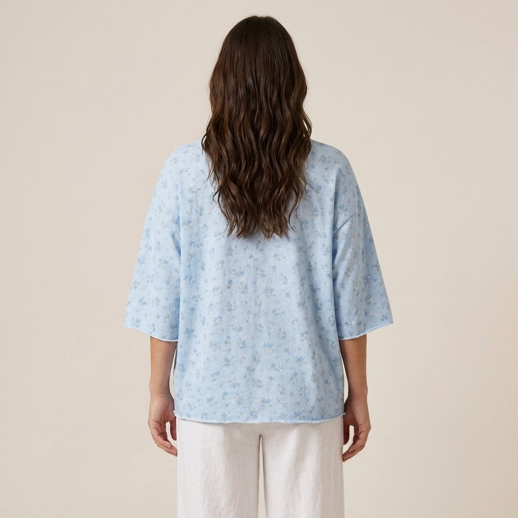 Sweat Large Col Rond Manche 3/4 à Motif Floral 70% Coton