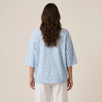 Sweat Large Col Rond Manche 3/4 à Motif Floral 70% Coton