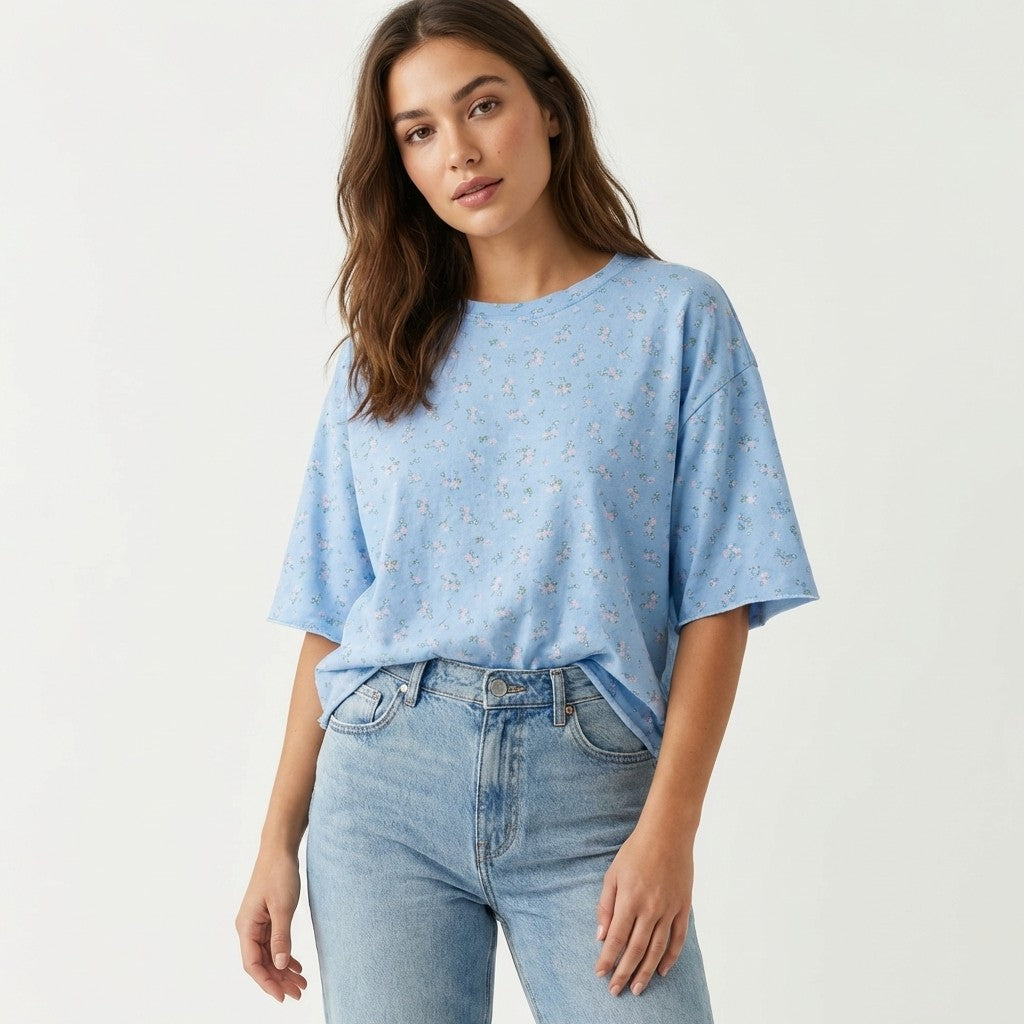 Sweat Large Col Rond Manche 3/4 à Motif Floral 70% Coton