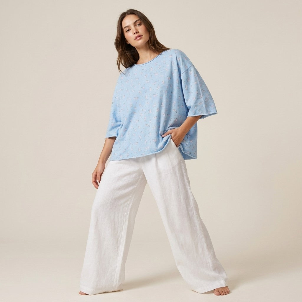 Sweat Large Col Rond Manche 3/4 à Motif Floral 70% Coton