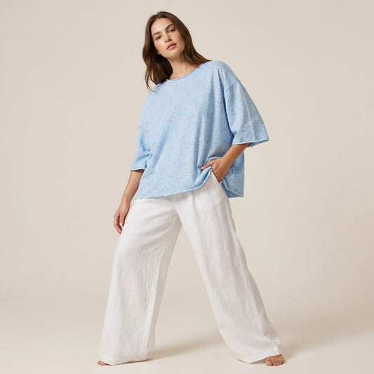 Sweat Large Col Rond Manche 3/4 à Motif Floral 70% Coton