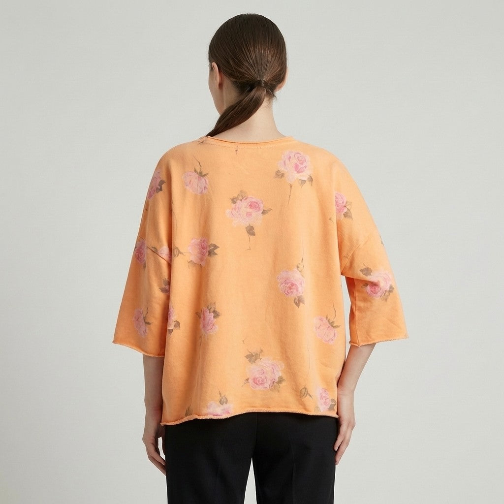 Pull Large Confort Manche 3/4 Motif Fleuri 70% Coton