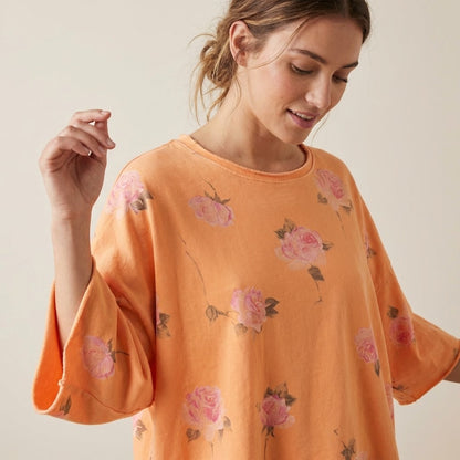 Pull Large Confort Manche 3/4 Motif Fleuri 70% Coton