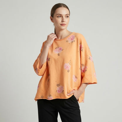 Pull Large Confort Manche 3/4 Motif Fleuri 70% Coton