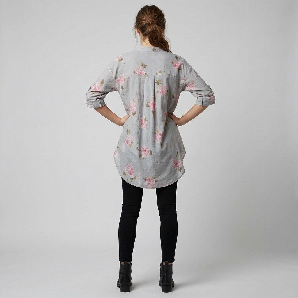 Chemisier Motif Floral High Low Manches Boutonnées 97% Coton