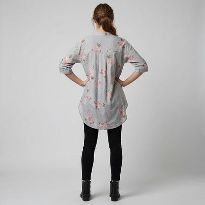 Chemisier Motif Floral High Low Manches Boutonnées 97% Coton