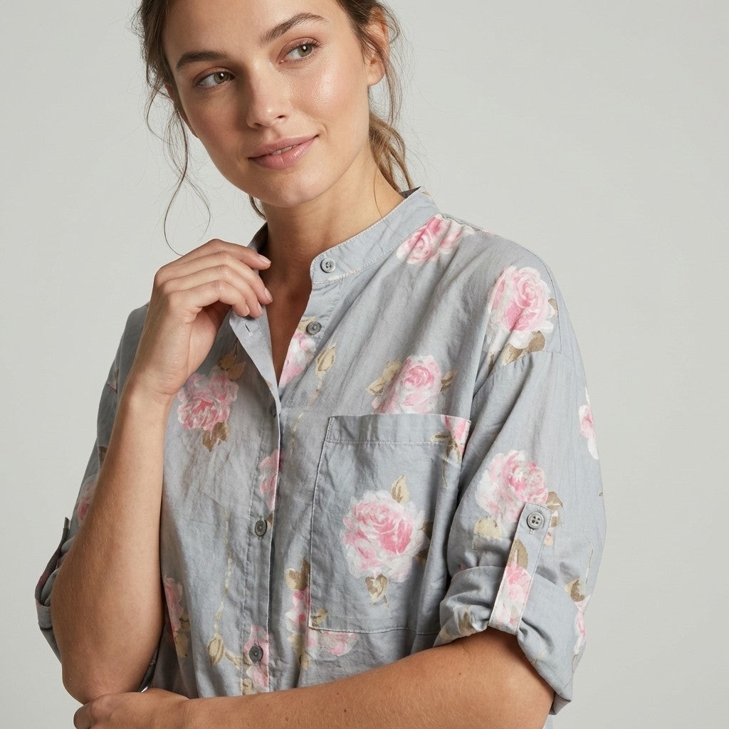 Chemisier Motif Floral High Low Manches Boutonnées 97% Coton