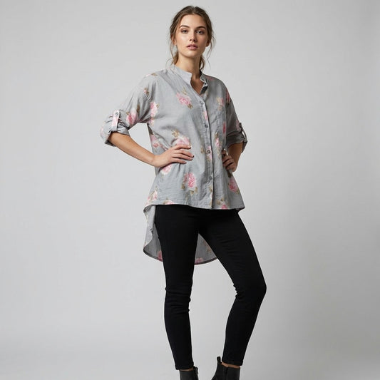 Chemisier Motif Floral High Low Manches Boutonnées 97% Coton