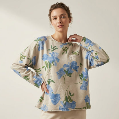 Pull Large à Motif Floral Et Poche Poitrine 70% Coton