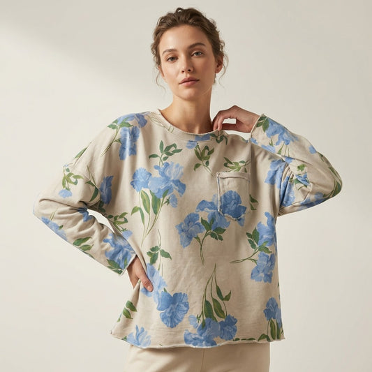 Pull Large à Motif Floral Et Poche Poitrine 70% Coton