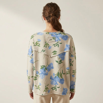 Pull Large à Motif Floral Et Poche Poitrine 70% Coton