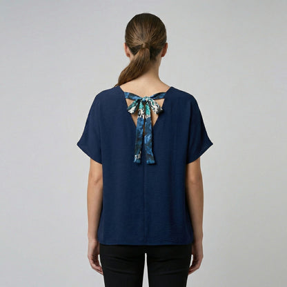 T-Shirt Col V Dos Ouvert Nœud Décoratif Léopard