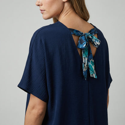 T-Shirt Col V Dos Ouvert Nœud Décoratif Léopard