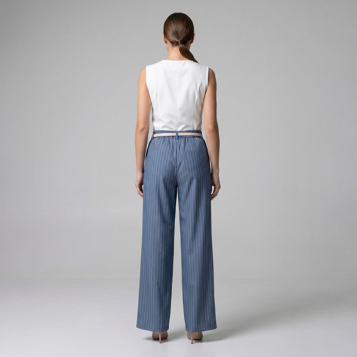 Pantalon Large Taille Élastique Ceinture & Rayures Fines