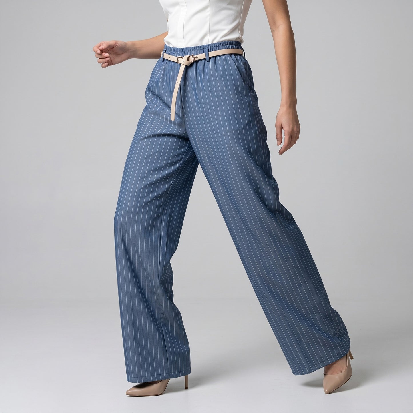 Pantalon Large Taille Élastique Ceinture & Rayures Fines