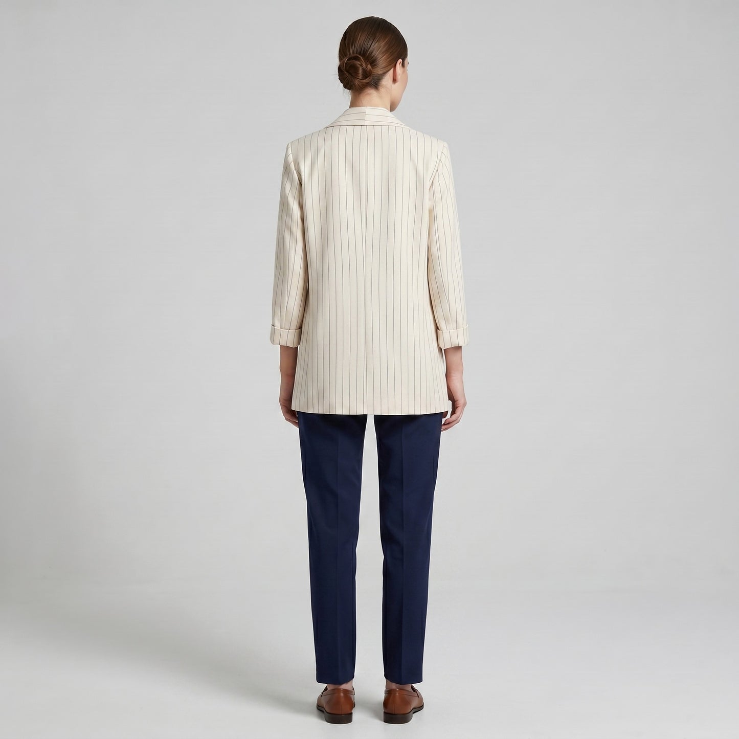 Blazer Ouvert Large Manche Longue à Poches & Rayures Fines