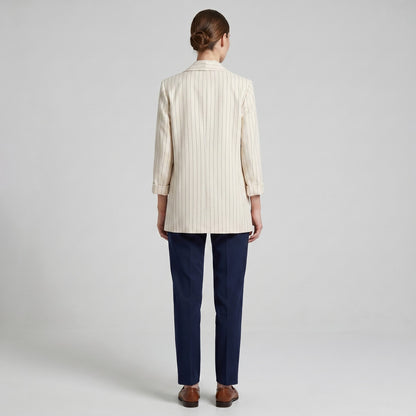 Blazer Ouvert Large Manche Longue à Poches & Rayures Fines