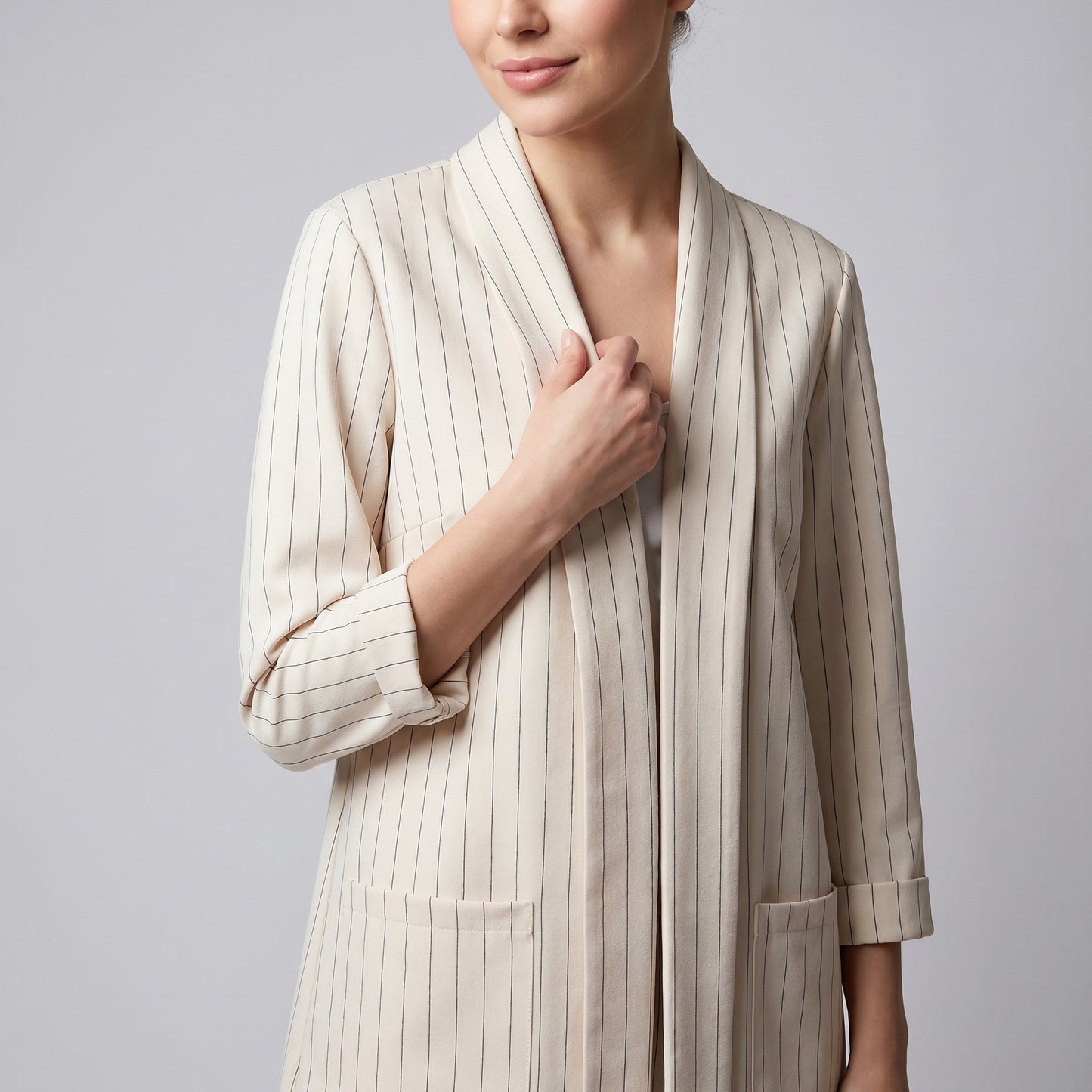 Blazer Ouvert Large Manche Longue à Poches & Rayures Fines
