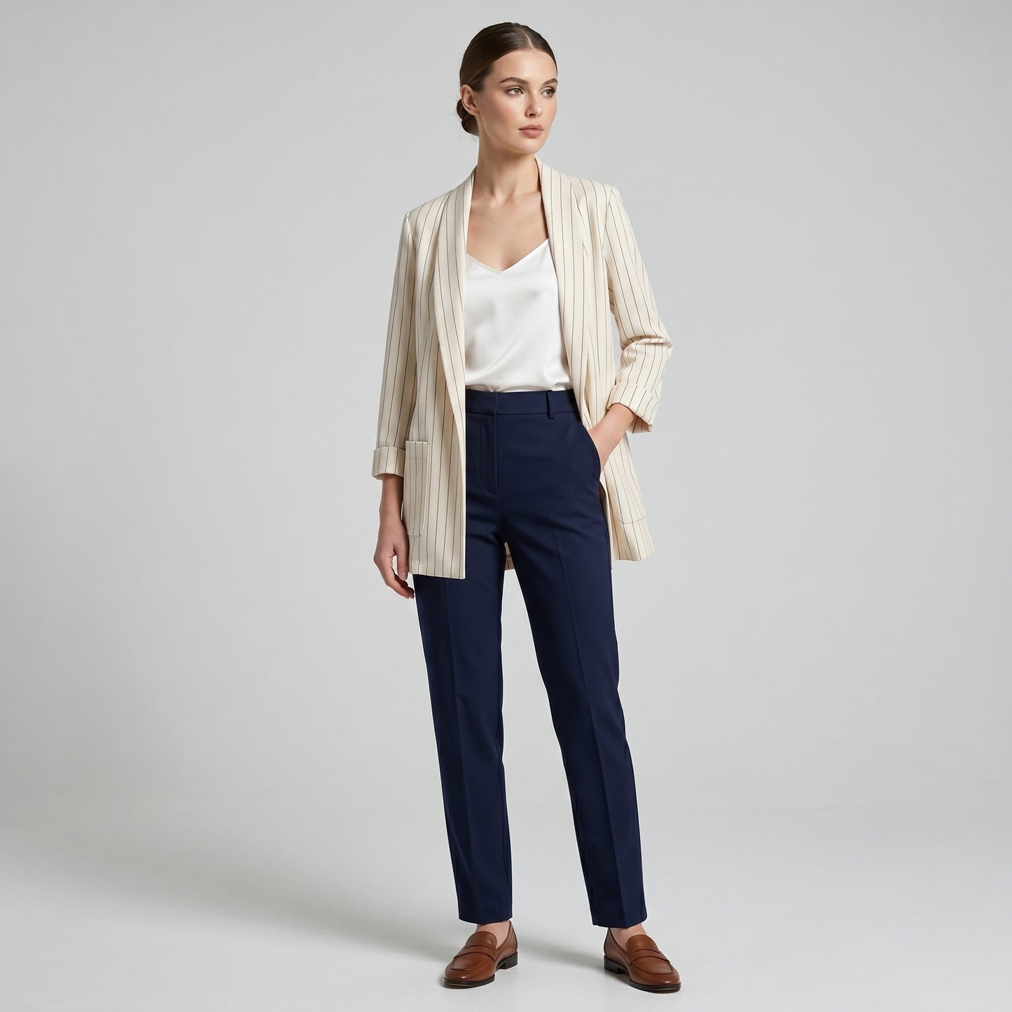 Blazer Ouvert Large Manche Longue à Poches & Rayures Fines
