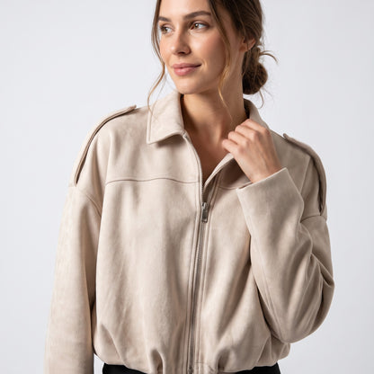 Blouson Large Zippé Coupe Blousante Épaulette Suédine