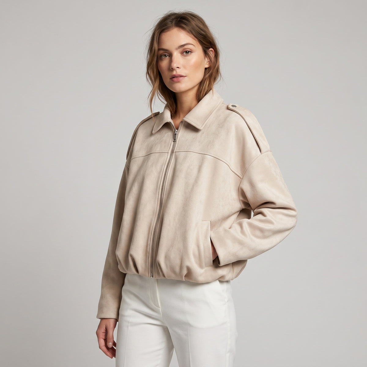 Blouson Large Zippé Coupe Blousante Épaulette Suédine