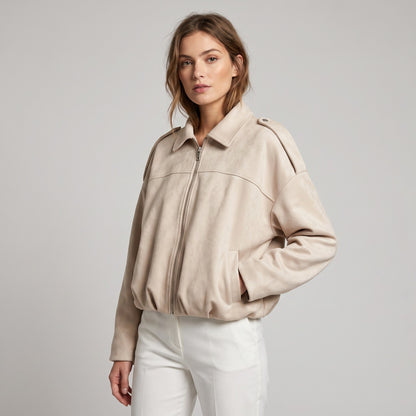 Blouson Large Zippé Coupe Blousante Épaulette Suédine