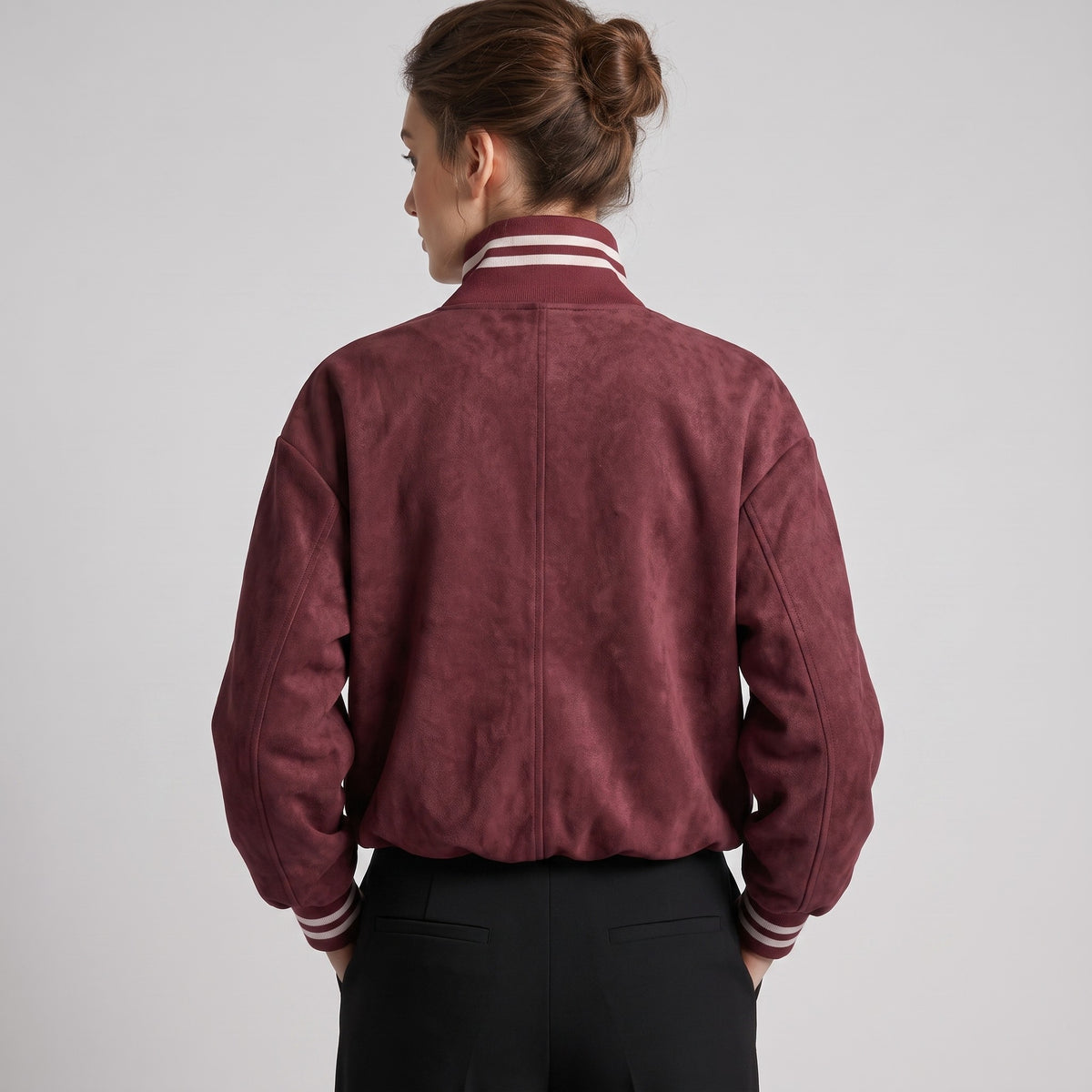 Blouson Teddy Zippé Coupe Blousante Suédine Col Montant Rayé