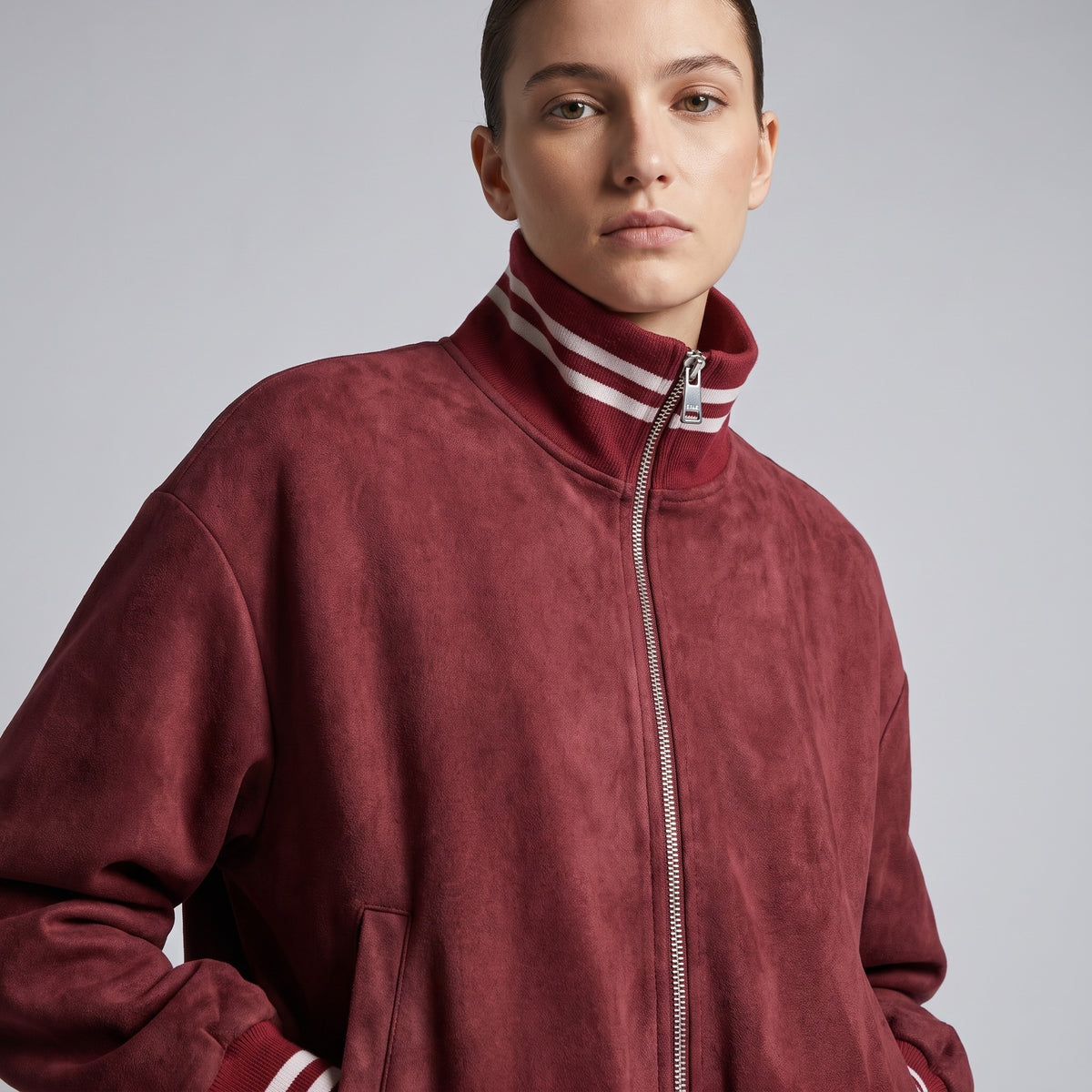 Blouson Teddy Zippé Coupe Blousante Suédine Col Montant Rayé