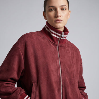 Blouson Teddy Zippé Coupe Blousante Suédine Col Montant Rayé