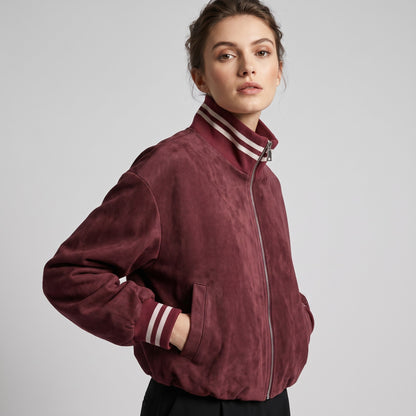 Blouson Teddy Zippé Coupe Blousante Suédine Col Montant Rayé