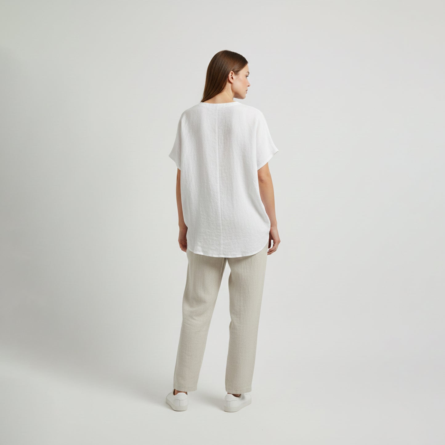 Wide V-Neck Tunic with Short Sleeves and Pockets, 100% Linen