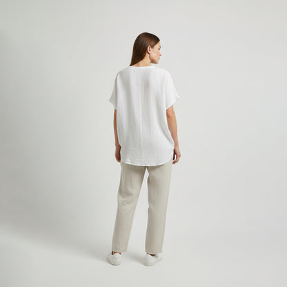 Wide V-Neck Tunic with Short Sleeves and Pockets, 100% Linen