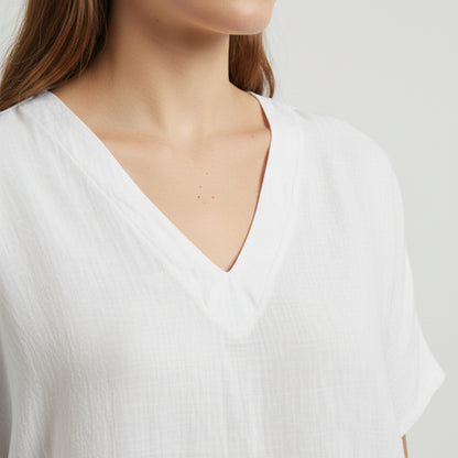 Wide V-Neck Tunic with Short Sleeves and Pockets, 100% Linen