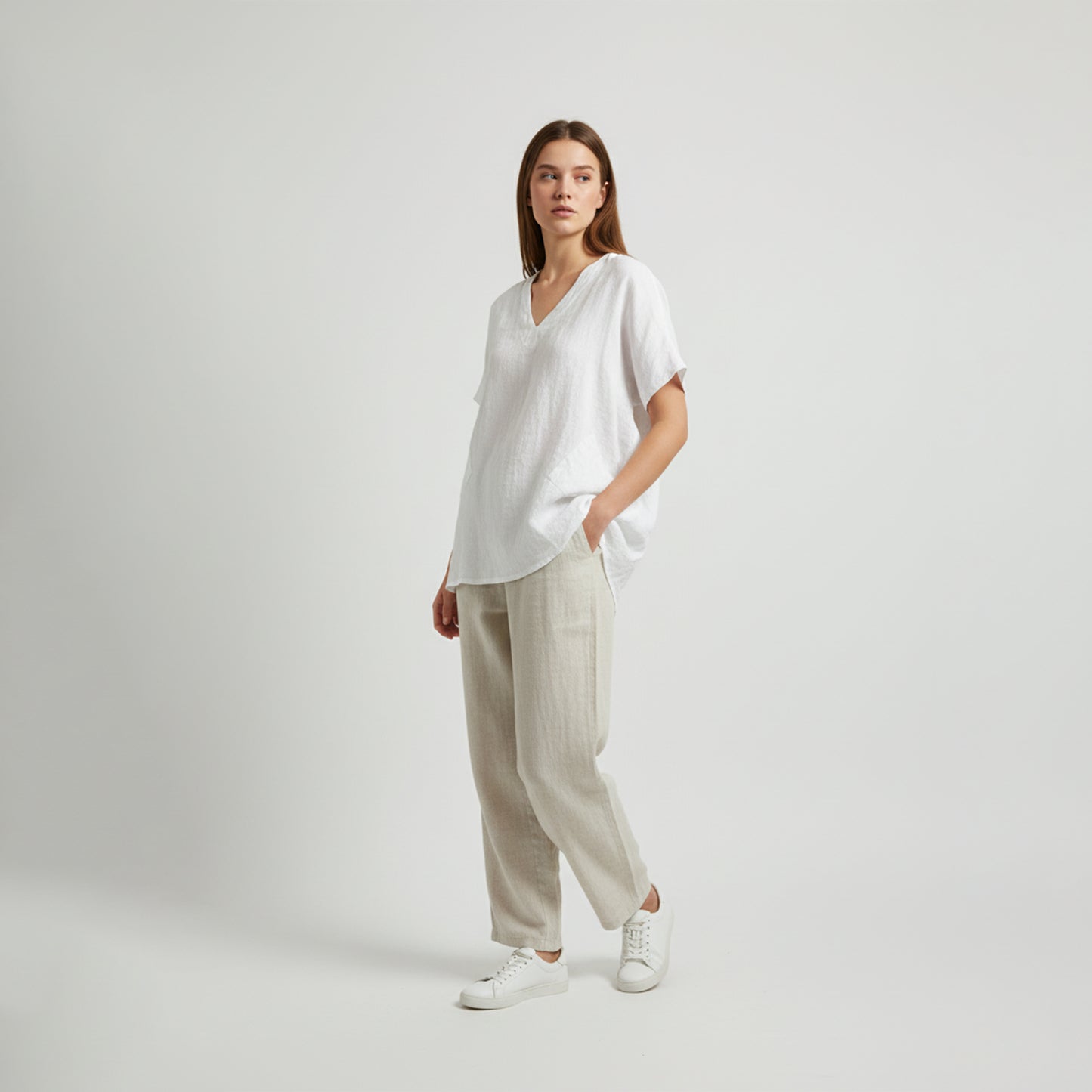 Wide V-Neck Tunic with Short Sleeves and Pockets, 100% Linen