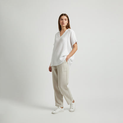 Wide V-Neck Tunic with Short Sleeves and Pockets, 100% Linen