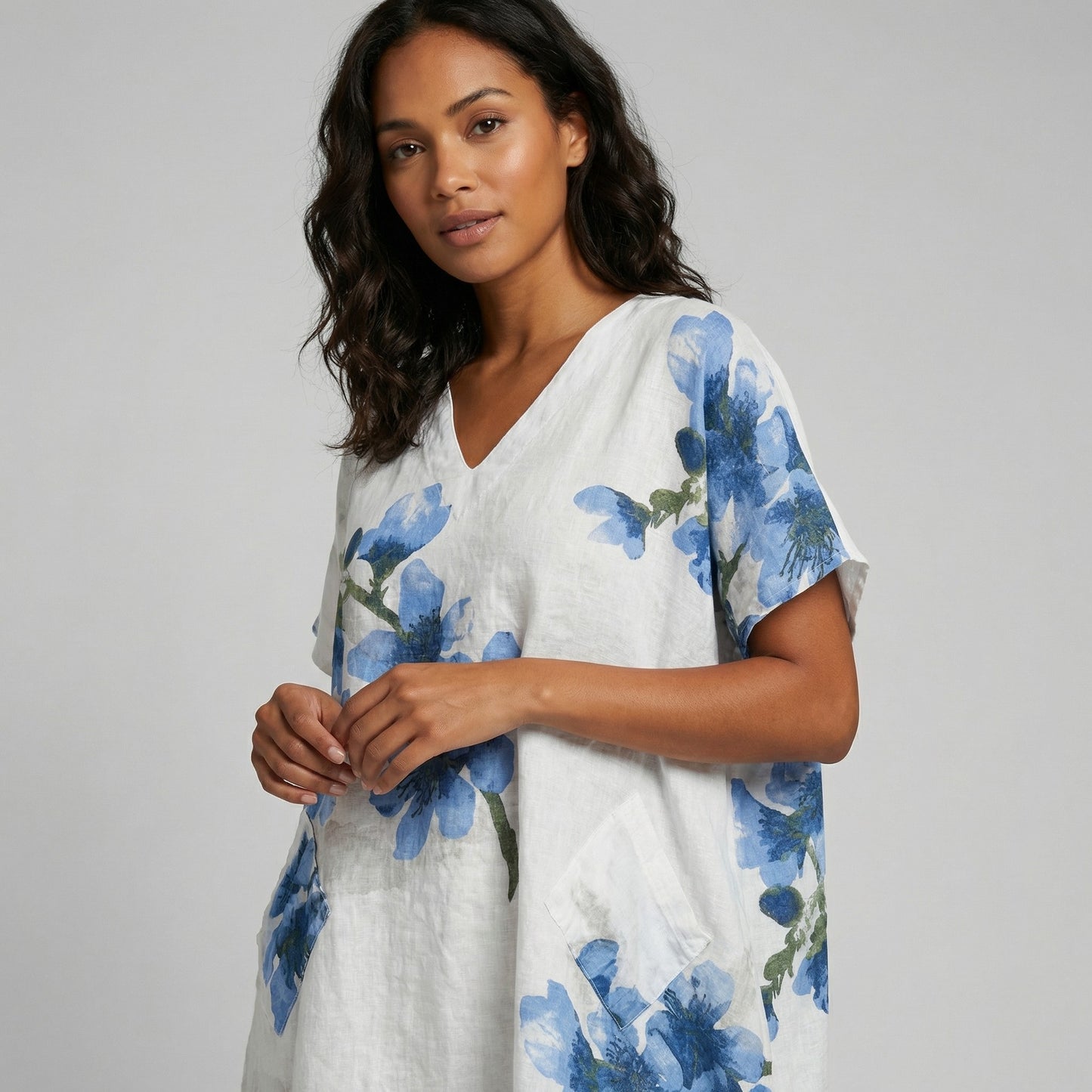 Tunique Large Col V à Poches Sequins Motif Floral 100% Lin