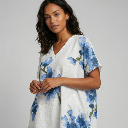 Tunique Large Col V à Poches Sequins Motif Floral 100% Lin