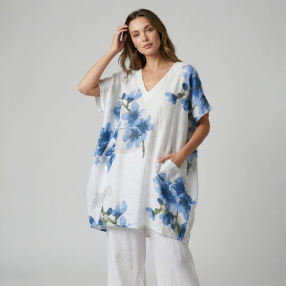 Tunique Large Col V à Poches Sequins Motif Floral 100% Lin