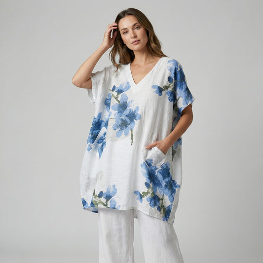 Tunique Large Col V à Poches Sequins Motif Floral 100% Lin