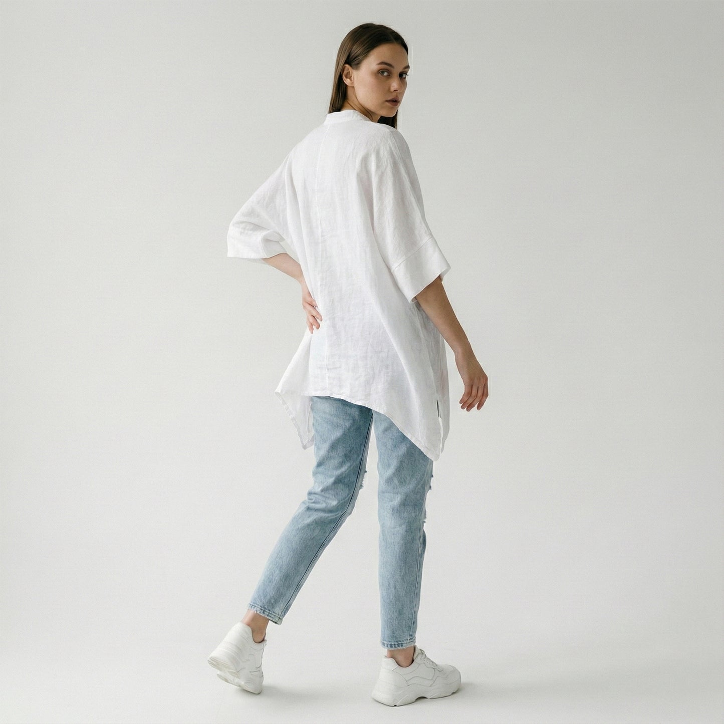 Wide 3/4 Sleeve Tunic V-Neck 100% Linen