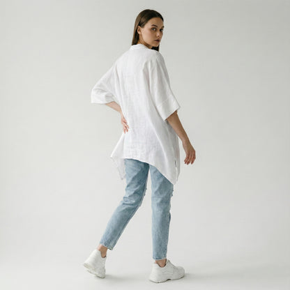 Wide 3/4 Sleeve Tunic V-Neck 100% Linen