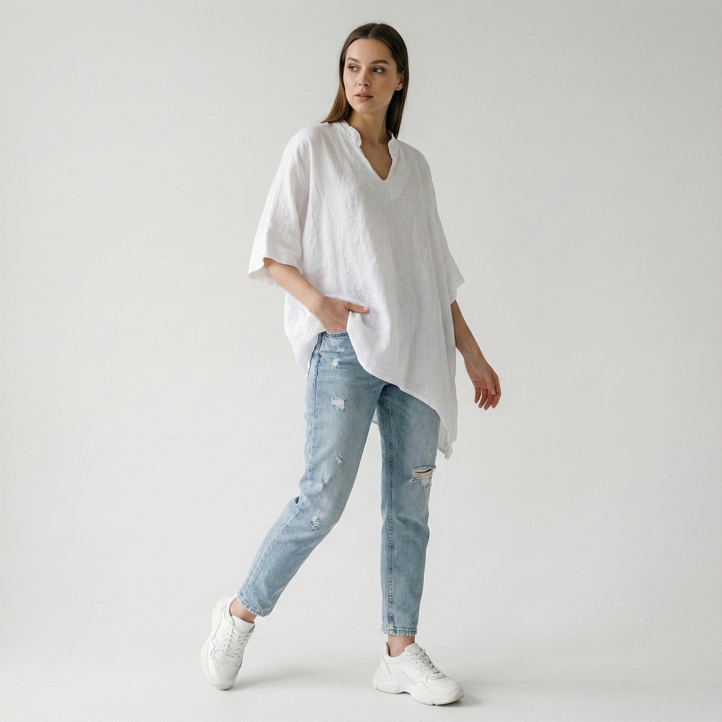 Wide 3/4 Sleeve Tunic V-Neck 100% Linen