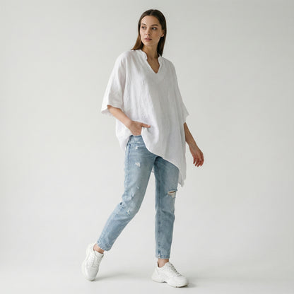Wide 3/4 Sleeve Tunic V-Neck 100% Linen