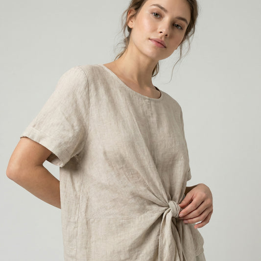 T-Shirt Manche Courte Large Nœud Décoratif 100% Lin