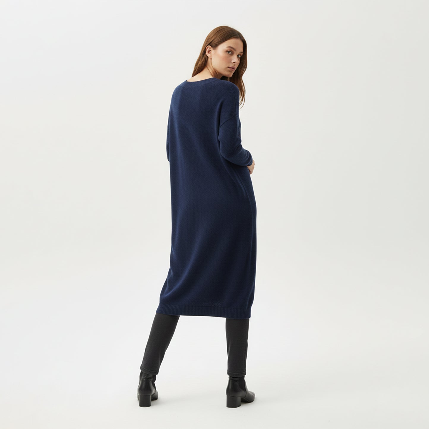 Fine Knit Sweater Dress with Ribbed Edges and V-Neck