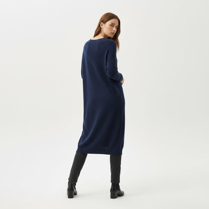 Fine Knit Sweater Dress with Ribbed Edges and V-Neck