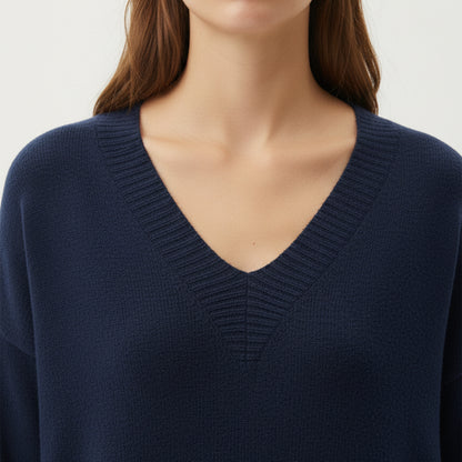 Fine Knit Sweater Dress with Ribbed Edges and V-Neck