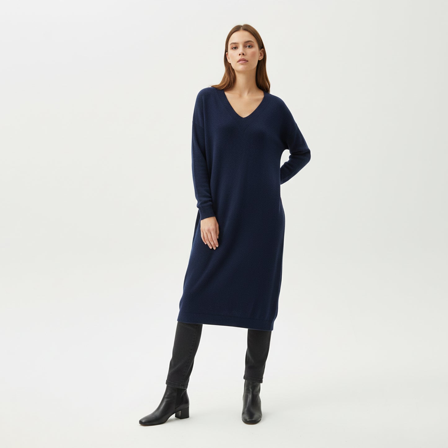 Fine Knit Sweater Dress with Ribbed Edges and V-Neck