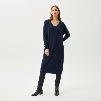 Fine Knit Sweater Dress with Ribbed Edges and V-Neck